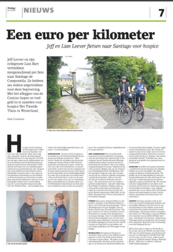 Een euro per kilometer Jeff Leever en Lian Bart naar Santiago voor Hospice Hollands Kroon.